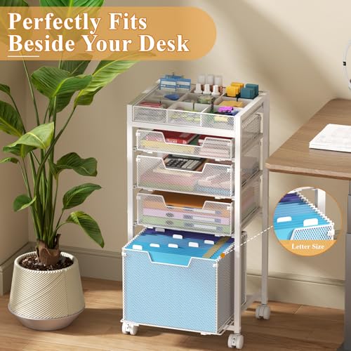 Rolling File Cart with 4 Storage Drawers, Under Desk Filing Cabinet with DIY Divider, Hanging File Folder Organizer on Wheels, Fits A4/Letter Size, Metal Utility Cart for Home Office, White - color: White, size: 4 Drawers