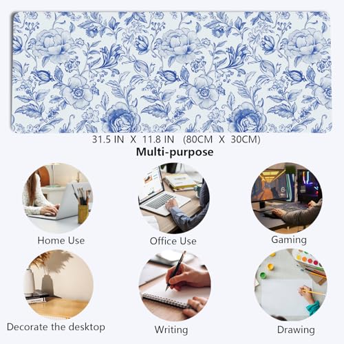 Blue Chinoiserie Mouse Pad,Blue and White Floral Desk Mat,XL Large Floral Preppy Trendy Mouse Pad,Girly Gaming Mousepad,Girly Laptop Desk Mat for Dorm Home Office Decoration,31.5x11.8 Inch - color: XL Blue Chinoiserie