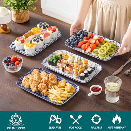 vancasso Porcelain Serving Trays for Party, Serving Platters Set of 4,Serving Dishes for Entertaining, Ceramic Party Trays and Platters for Serving Food, 12" Inch, Series SELENE - color: Vintage Blue C