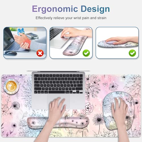 Large Mouse Pad, Keyboard Wrist Rest Set, Ergonomic Mouse Pad with Wrist Support, Desk Mat with Stitched Edges Extended Desk Pad Waterproof Desk Mat for Home Office Game I Dandelion & Sunflower - color: Dandelion & Sunflower