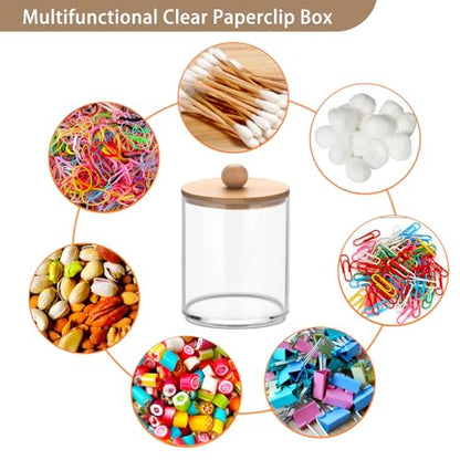 BTSKY 4 Pack PaperClip Holders with Bamboo Lid, Round Binder Holder for Desk, Clear Paper Clip Dispenser Small Office Supply Accessory Organizer Qtip Holder for Office Bathroom Vanity, Clear
