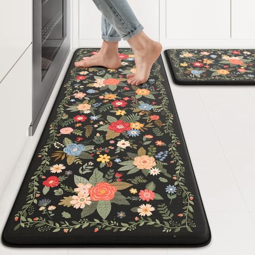 KIMODE Kitchen Mats Cushioned Anti Fatigue, Black Floral Kitchen Rugs Sets of 2, Padded Kitchen Floor Mats Non Slip, Comfort Foam Standing Mats for Laundry Office Sink Desk 17"x47"+17"x29" - color: Flower/Black, size: 17.3" x 47"+17.3" x 29"--0.47 inches