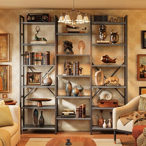 SUPERJARE Triple Bookshelf, Bookcase with 17 Open Display Shelves, Wide Book Shelf Book Case for Home & Office, 6 Tier, Grey - color: Grey, size: 6 Tier