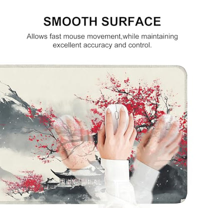 Mouse Pad, Large Anti-Slip with Stitched Edges Desk Mat Desktop Laptop Computer Desk Keyboard Mat,Table Protector Blotter Mat (Plum Blossom, 35.4" x 15.7") - color: Plum Blossom, size: 35.4" x 15.7"