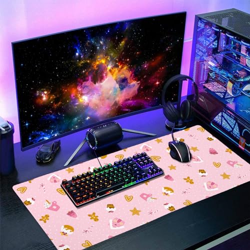 Pink Christmas Gaming Mouse Pad XXL Cute Kawaii Cupcake Gingerbread Extended Big Large Desk Mat Non-Slip Rubber Base Stitched Edge Xmas Holiday Keyboard Mousepad for Computer Laptop,35.4×15.7 Inch - color: Pink Christmas, size: XX-Large