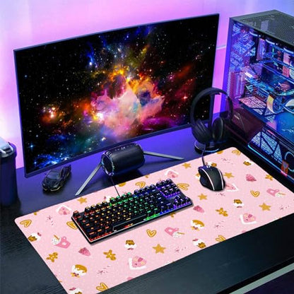 Pink Christmas Gaming Mouse Pad XXL Cute Kawaii Cupcake Gingerbread Extended Big Large Desk Mat Non-Slip Rubber Base Stitched Edge Xmas Holiday Keyboard Mousepad for Computer Laptop,35.4×15.7 Inch - color: Pink Christmas, size: XX-Large