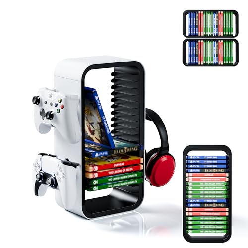 Universal Games Storage Tower Pro - for Up to 18 Games - with Controller Holder for up to 4 Gamepads - Gaming Accessories for PS5, PS4, PS3, Xbox X/S/One, Switch 1 + 2, Switch OLED, BluRay, - color: White/Black