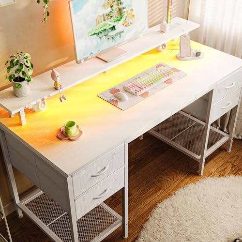 Huuger 55 inch Computer Desk with 4 Drawers, Gaming Desk with LED Lights & Power Outlets, Home Office Desk with Large Storage Space for Bedroom, Work from Home, White - color: White, size: 55 Inch