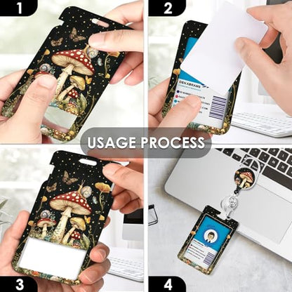 Mushroom Lanyards for ID Badge, Lanyard ID Card Holder with Retractable Reel Clip and Keychain, Vertical Identity Badge Cover Case Protector for Teacher Nurse Women Men Black - color: Mushroom-black