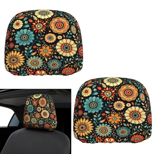 2 PCS Car Headrest Cover - Soft Elastic Fabric Car Detachable Head Rest Covers for Truck Sedan Van - color: Boho Floral Black