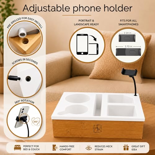 Couch Caddy with Cup Holder | Wood Couch Cup Holder Tray for Drinks, Snacks & Remotes | Sofa Couch Organizer with Phone & Cup Holder Tray (White) - color: White