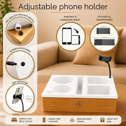 Couch Caddy with Cup Holder | Wood Couch Cup Holder Tray for Drinks, Snacks & Remotes | Sofa Couch Organizer with Phone & Cup Holder Tray (White) - color: White