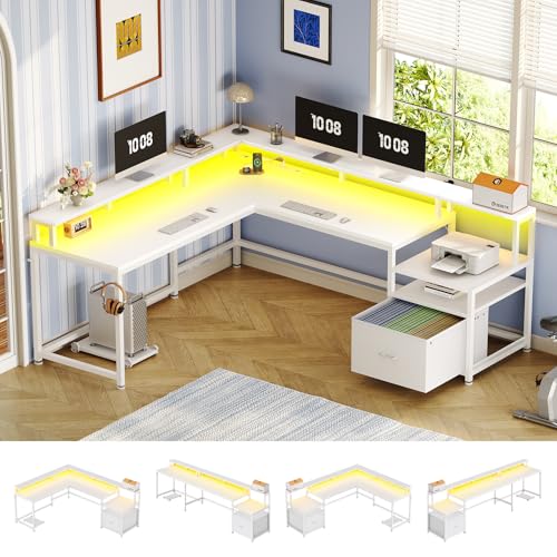 SEDETA 66" L Shaped Desk with Power Outlet, Reversible Home Office Computer Desk with File Drawer & Monitor Shelf, Storage Shelves, LED Lights for Corner Small Spaces, White - color: White