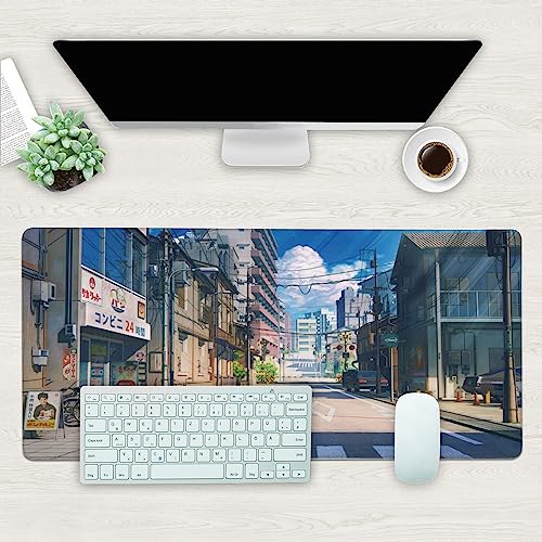 Desk Mat, Anime Summer Street Scenery Extended Gaming Mouse Pad Large, 35.4"x15.7" Big Mouse Pad with Non-Slip Base and Stitched Edge, Long Computer Keyboard Mouse Mat for Home Office Work - color: Anime Summer Street Scenery, size: 15.7" x 35.4"