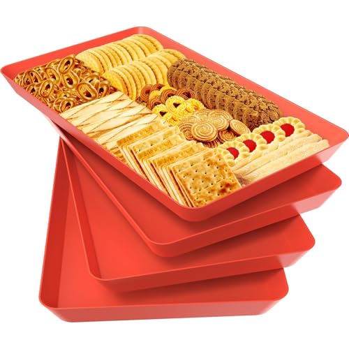 WOWBOX 4 pcs Serving Tray for Entertaining, Serving Platters for Snacks, Fruit, Cookies, Dessert, Reusable Plastic Trays for Serving Food and Pantry Organization in Kitchen & for Parties, (Red) - color: Red