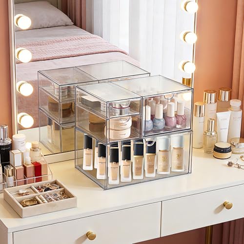 Prsildan Acrylic Drawer Makeup Organizer with 4 Drawers, Set of 2 | Clear, Baby Bottle Storage, For Vanity Countertop Bathroom Cosmetic Office Desk, Craft Jewelry Art Supply Organization - style: 4 Drawers