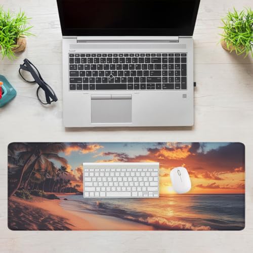 Sunset Beach Mouse Pad Tropical Palm Trees Ocean Waves Large Desk Mat with Stitched Edges,Non-Slip Waterproof Rubber Base Mouse Mat 31.5 x 11.8 Mouse Pads for Desk Home Office Gaming - color: Sunset Beach, size: 31.5" x 11.8"