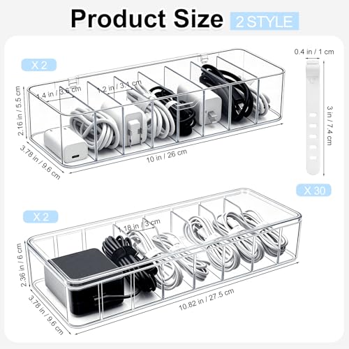 Cheardia 4 Pack Cable Organizer Box with Wire Ties, 2 Style Plastic Cord Storage Box, 10 In Adjustable Clear Charger Organizer with Lid for Electronics Office Home Desk Accessories