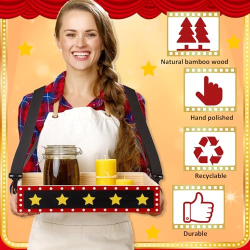 Movie Night Trays with Strap 15 x 10 x 3 Inch Wooden Snack Tray Party Wearable Serving Trays Usherette Popcorn Drink Beverage Carrier for Theater Family Room Film Carnival Prop Supplies(Star) - style: Star