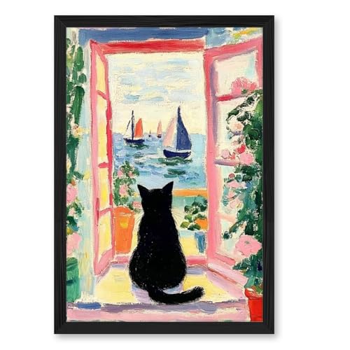 Vintage Colorful Black Cat Wall Art Funny Floral Oil Painting Poster Aesthetic Animal Print Window Landscape Picture for Dorm Bedroom Gallery Living Room or Pet Lover 8x12inch Black frame - color: Colorful - Black PVC frame, size: 8"L x 12"W