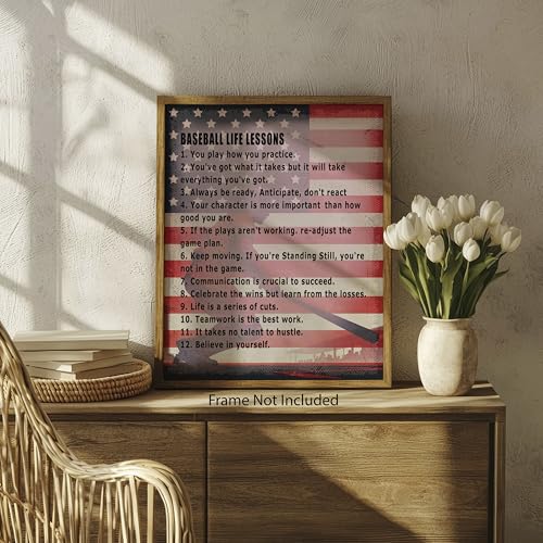 ZUKIY Baseball Life Lessons Wall Art - Motivational Poster for Boys Bedroom or Office - Inspirational Baseball Quote Print 8x10 Unframed - Sports Decor for Home Gym Classroom or Game Room