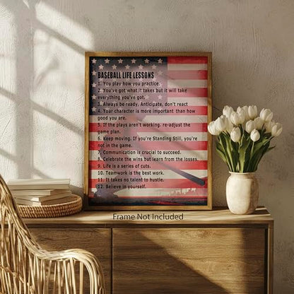 ZUKIY Baseball Life Lessons Wall Art - Motivational Poster for Boys Bedroom or Office - Inspirational Baseball Quote Print 8x10 Unframed - Sports Decor for Home Gym Classroom or Game Room