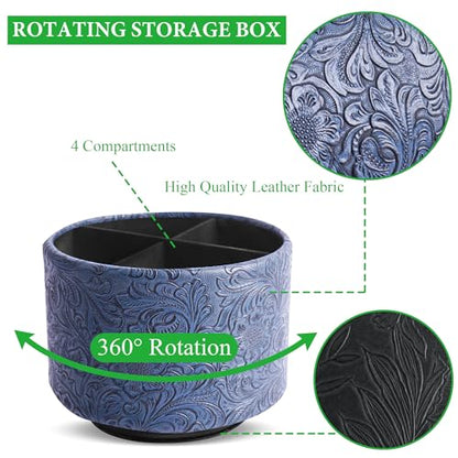 lizimandu Round Leather Art Supply Organizer,Remote Control Holder,360 Degree Spinning,Multi-Functional Pencil Holder,4 Compartments Desktop Stationary Organizer(1-Carved Dark Blue) - color: 1-Carved Dark Blue