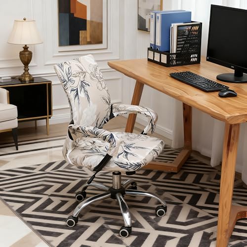 Waterproof Office Chair Cover with Armrest Cover 18Inch Wide Stretch Printed Floral Small Desk Computer Chair Covers with Long Zipper Arm Slipcovers Washable - color: Waterproof-elegant Flowers, size: Small