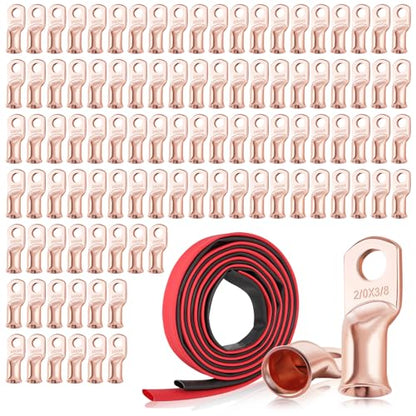 XHF 100PCS 2/0 AWG-3/8 Heavy Duty Battery Lugs with 3:1 Heat Shrink Tubing, Ring Terminals Battery Cable Ends Copper Eyelets Electrical Battery Connectors - size: 2/0AWG-3/8"-100PCS