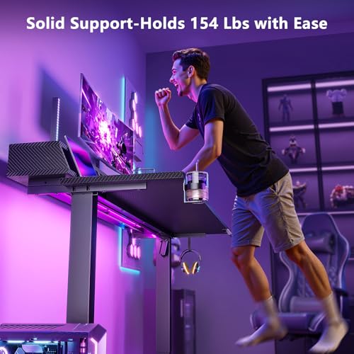 OffiGo Gaming Standing Desk with LED Light, 48 Inch Electric Height Adjustable Table with Power Outlet & Floating Monitor Stand, Sit Stand Computer Workstation for Home, Bedroom, Black