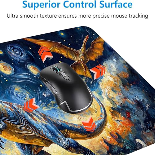 Dinosaur Gaming Mouse Pad Oil Painting Night Sky Dreamy Extended Mousepad Waterproof Stitched Edges Rubber Base Non-Slip Deskmap Computer Keyboard Mat Office Computer Keyboard Laptop 31.5x11.8 Inch - color: Dinosaur, size: 31.5" x 11.8"
