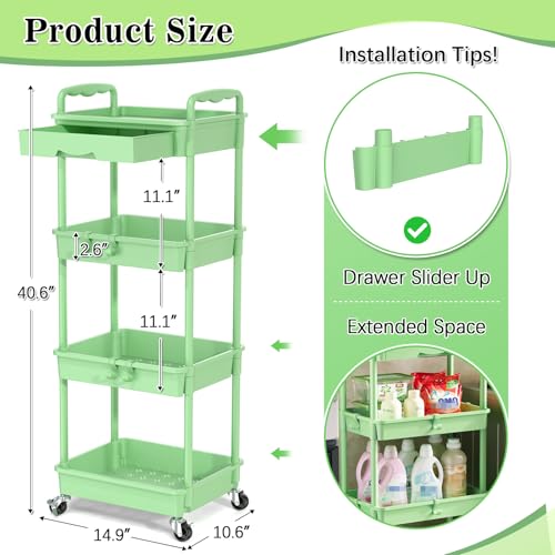SUNALLY 4 Tier Rolling Utility Cart with Drawer, Storage Organizer Cart with 2 Lockable Wheels, Multifunctional Rolling Storage Cart for Bathroom, Kitchen, Craft, Makeup, Baby Essentials, Green - color: Green, size: 4 Tier