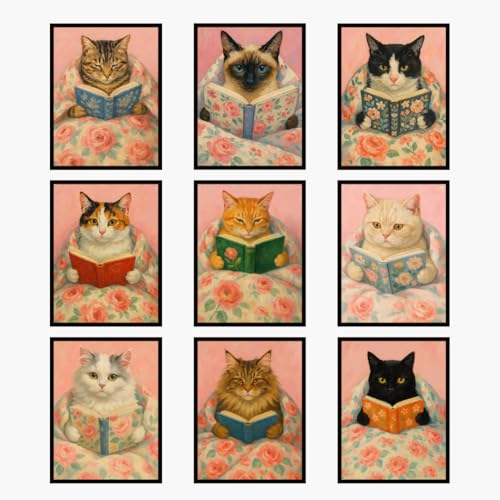 BIASDO Funny Cat Poster Set of 9, Vintage Style Canvas Animal Wall Art Prints, Cute Preppy Decor for Bedroom, Nursery, or Study Room, Cat Lover Gift, 8x10 Art Prints Unframed - style: Reading Cat Poster Set of 9