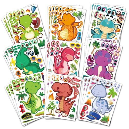 27 Sheet Dinosaur Stickers Make Your Own Dino Stickers for Kids 3+, Make-a-face Sticker Boys Girls Dinosaur Birthday Party Decorations, DIY Craft Birthday Party Favor Supplies - style: Dinosaur face Stickers