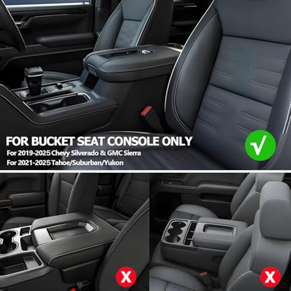 Center Console Cover with Side Pocket for 2019-2026 Chevy Silverado/GMC Sierra and 2021-2026 Tahoe/Suburban/Yukon, Car Armrest Cushion Pad Leather Protective Cover (for Bucket Seat Consoles)