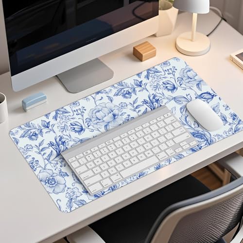 Blue Chinoiserie Mouse Pad,Blue and White Floral Desk Mat, Large Floral Preppy Trendy Mouse Pad,Girly Gaming Mousepad,Girly Laptop Desk Mat for Dorm Home Office Decor,23.6x11.8 Inch - color: L Blue Chinoiserie