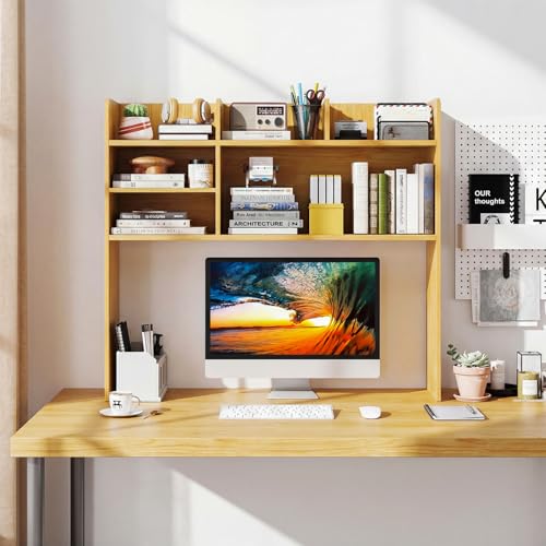 Giantex Desktop Bookshelf, 37" Desk Hutch Dorm for Computer Up to 32 Inch, Countertop Hutch w/6 Storage Shelves, 3-Tier Desktop Organizer Display Rack, Wood Desk Shelf for Home Office (Burlywood) - color: Burlywood, size: 6 Shelves (33.5"H)