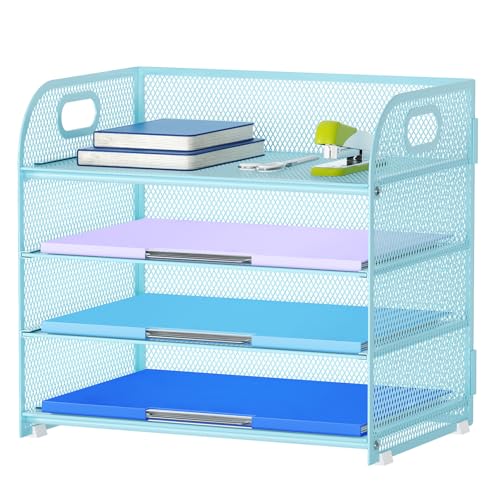 Marbrasse 4 Tier Paper Organizer Letter Tray - Mesh Desk File Organizer with Handle, Paper Sorter Organizer for Letter Office File Folder Holder (Blue, 12.6" x 9.1" x 10.7") - color: Blue