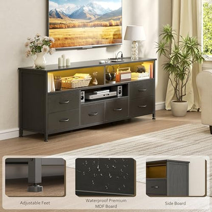 Korfile 55 Inch LED TV Stand for Bedroom, 6 Drawers Entertainment Center with Power Outlets for 50/55/60 Inch TV, Media Console Table with Shelves for Living Room & Hallway, PU Leather Surface, Black