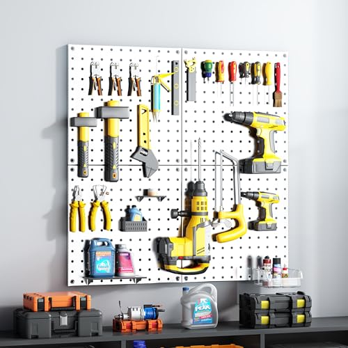 Peg Board, 68PCS Heavy Duty Metal Pegboard with Hooks, 4 Pack White Peg Board Panels, 50lbs Load Capacity Each, Pegboard Wall Organizer for Garage, Workshop, Craft Rooms Total 24” x 24” - color: White, size: 12“×12”-4PCS（with Hooks）