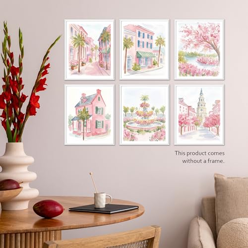 Isfvqyub Preppy Pastel Pink Charleston Wall Art, Aesthetic Coquette South Carolina Poster For Girl, Trendy Girly Church Street Wall Decor For Bedroom Dorm College Nursery, Set Of 6 -A14 - size: Pink Charleston