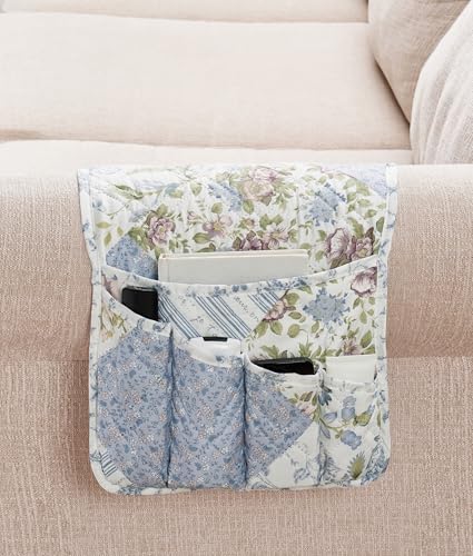 Brilliant Sunshine Patchwork Couch Armrest Organizer, Blue Rose (35"×13") | Non Slip Armchair Caddy for Sofa Recliner, Washable Remote Controls Holder, Storage for Magazine, Phone, iPad - color: Blue Rose