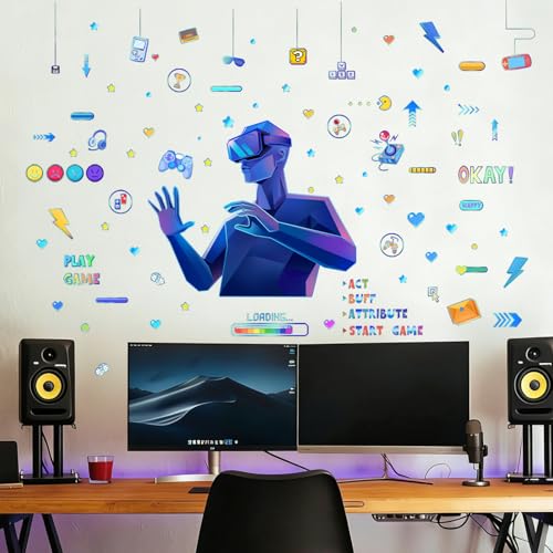 Game Wall Stickers Futuristic Gaming Room Wall Decals Peel and Stick Mural Decor for Teen Bedroom Game Space (Blue Game)
