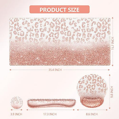 iLeadon Mouse Pad Set, Desk Mat + Mouse Pad with Wrist Rest + Keyboard Wrist Rest + Coaster, 4in1 Glitter Leopard Mouse and Keyboard Pad Set for Home Office, Pink Rose Gold Leopard - color: Pink Rose