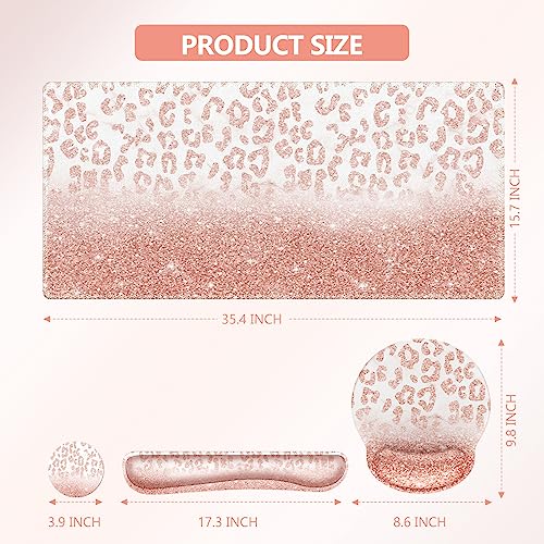 iLeadon Mouse Pad Set, Desk Mat + Mouse Pad with Wrist Rest + Keyboard Wrist Rest + Coaster, 4in1 Glitter Leopard Mouse and Keyboard Pad Set for Home Office, Pink Rose Gold Leopard - color: Pink Rose