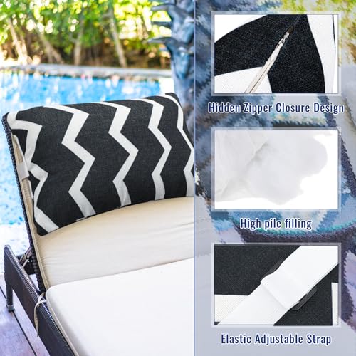 Juexica 2 Pack Chaise Lounge Pillow with Strap Outdoor Waterproof Beach Chair Neck Headrest Pillow Adjustable Elastic Band for Hammock Lumbar Recliner Pillows for Patio Pool Chair(Classic Black White) - style: Classic Black White