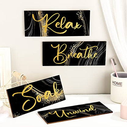 Yulejo 4 Pcs Black and Gold Bathroom Decor Black Gold Wall Decor Relax Soak Unwind Breathe Wall Art Wooden Sign Rustic Marble Bathroom Accessories for Women Living Room Bedroom Home Laundry (10 x 4)
