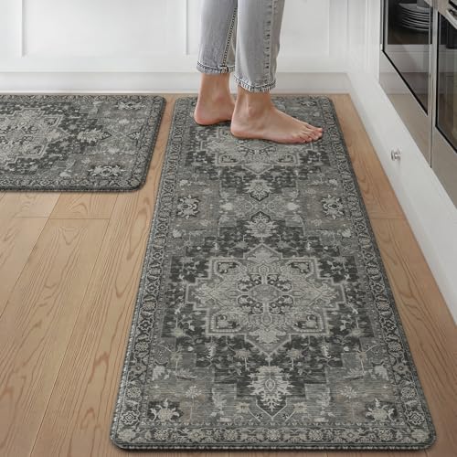 GENIMO Kitchen Mats for Floor 2PCs, Washable Anti Fatigue Mat for Cushioned, 17.3"x47"+17.3"x30", Waterproof Kitchen Rugs, Non Slip Comfort Standing Mat Rug for Home, Sink, Laundry, Dark Gray - color: Dark Gray, size: 17.3"x47"+17.3"x30"--0.4 inches