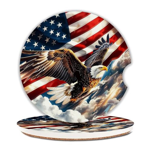 American Flag Car Coasters for Cup Holder Set of 2 Eagle Absorbent Ceramic Cup Coaster 2.63" Non-Slip Cork Base Drink Coasters with Finger Notch Car Accessories Interior - color: Eagle
