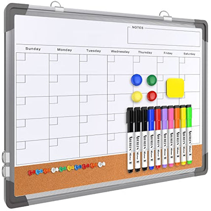 Monthly Calendar Whiteboard for Wall, 17x13 Inches Dry Erase Board with Cork Board Combo, Small Magnetic White Board, Double-Sided Hanging Portable Board for Office School Home Kitchen Planner Memo - style: Whiteboard 17x13 Silver